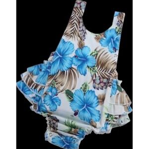 Baby Girls Tropical Blue Hibiscus Floral Ruffle Romper Size Small 6 Months